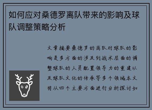 如何应对桑德罗离队带来的影响及球队调整策略分析